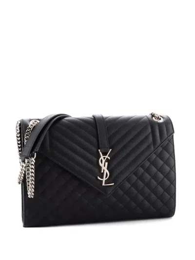 Pre-owned Saint Laurent Classic Monogram Envelope Satchel Mixed Matelasse Leather Large Shoulder Bag In Black