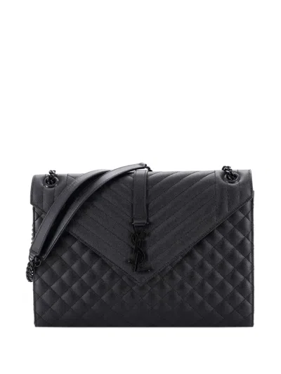 Pre-owned Saint Laurent Classic Monogram Envelope Satchel Mixed Matelasse Leather Large Shoulder Bag In Black