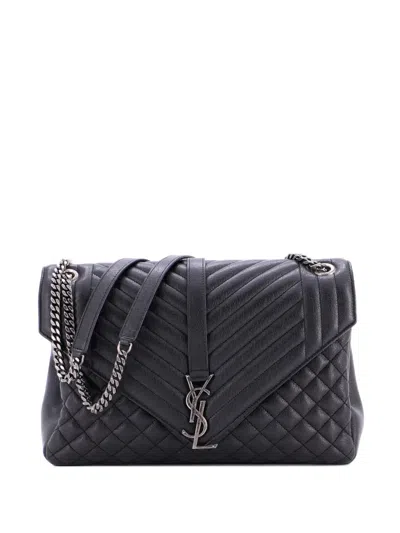 Pre-owned Saint Laurent Classic Monogram Envelope Satchel Mixed Matelasse Leather Large Shoulder Bag In Black