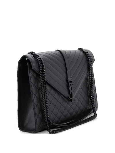 Pre-owned Saint Laurent Classic Monogram Envelope Satchel Mixed Matelasse Leather Large Shoulder Bag In Black
