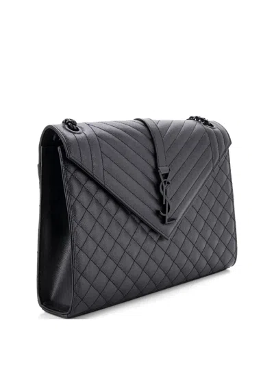 Pre-owned Saint Laurent Classic Monogram Envelope Satchel Mixed Matelasse Leather Large Shoulder Bag In Black