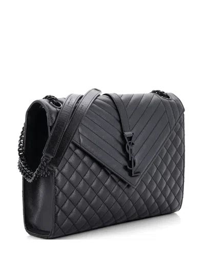 Pre-owned Saint Laurent Classic Monogram Envelope Satchel Mixed Matelasse Leather Large Shoulder Bag In Black