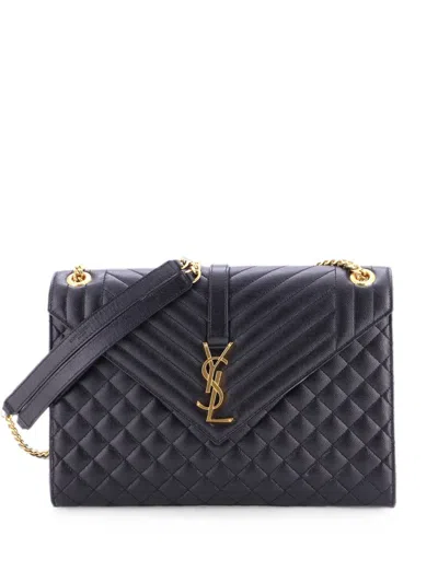 Pre-owned Saint Laurent Classic Monogram Envelope Satchel Mixed Matelasse Leather Large Shoulder Bag In Black