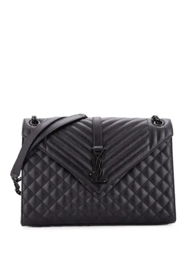 Pre-owned Saint Laurent Classic Monogram Envelope Satchel Mixed Matelasse Leather Large Shoulder Bag In Black