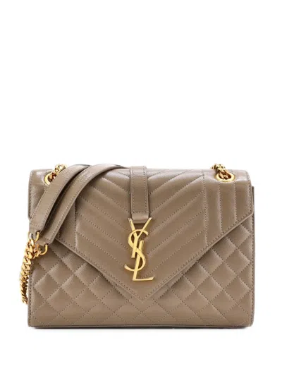 Pre-owned Saint Laurent Classic Monogram Envelope Satchel Mixed Matelasse Leather Medium Shoulder Bag In 褐色