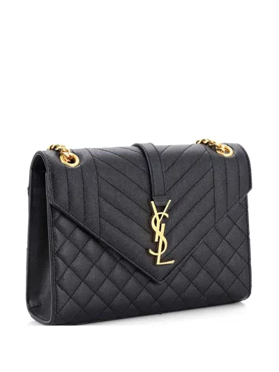 Pre-owned Saint Laurent Classic Monogram Envelope Satchel Mixed Matelasse Leather Medium Shoulder Bag In Black