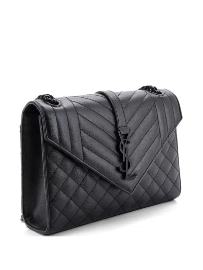 Pre-owned Saint Laurent Classic Monogram Envelope Satchel Mixed Matelasse Leather Medium Shoulder Bag In Black