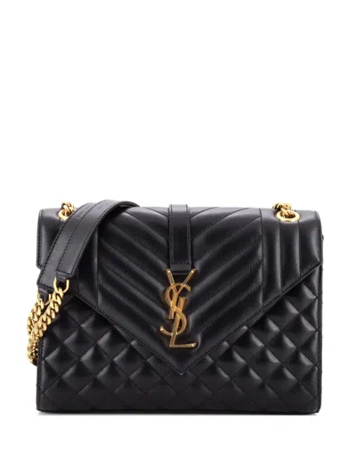 Pre-owned Saint Laurent Classic Monogram Envelope Satchel Mixed Matelasse Leather Medium Shoulder Bag In Black