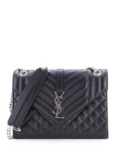Pre-owned Saint Laurent Classic Monogram Envelope Satchel Mixed Matelasse Leather Medium Shoulder Bag In Black