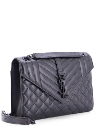 Pre-owned Saint Laurent Classic Monogram Envelope Satchel Mixed Matelasse Leather Medium Shoulder Bag In Black