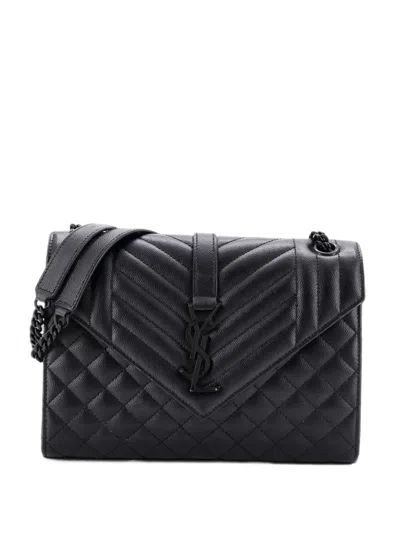 Pre-owned Saint Laurent Classic Monogram Envelope Satchel Mixed Matelasse Leather Medium Shoulder Bag In Black