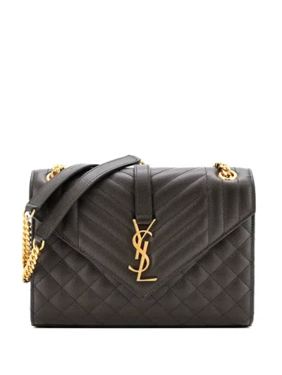 Pre-owned Saint Laurent Classic Monogram Envelope Satchel Mixed Matelasse Leather Medium Shoulder Bag In Green