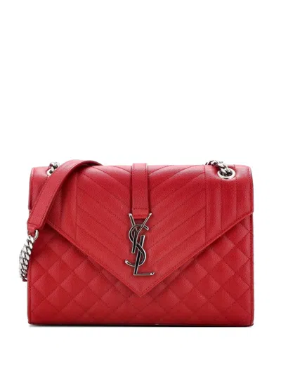 Pre-owned Saint Laurent Classic Monogram Envelope Satchel Mixed Matelasse Leather Medium Shoulder Bag In Red