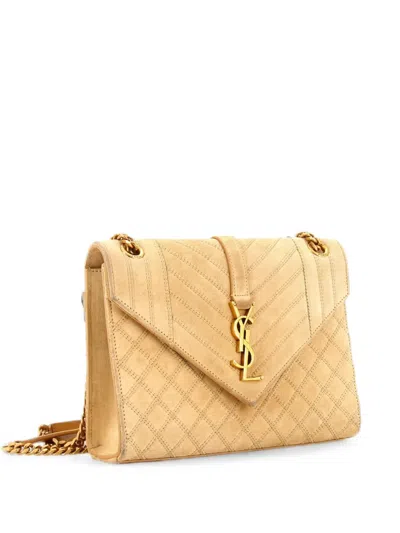 Pre-owned Saint Laurent Classic Monogram Envelope Satchel Quilted Suede Small Shoulder Bag In Neutrals