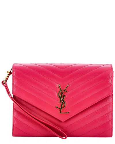 Saint Laurent Classic Monogram Envelope Wristlet Clutch Matelassé Chevron  Leather (authentic Pre-lo In Pink