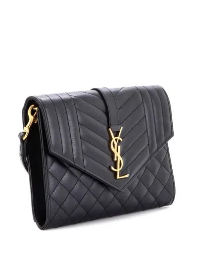 Pre-owned Saint Laurent Classic Monogram Envelope Wristlet Matelasse Chevron Leather Clutch Bag In Black