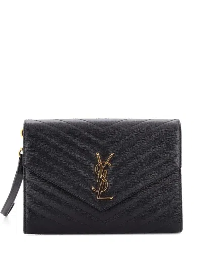 Pre-owned Saint Laurent Classic Monogram Envelope Wristlet Matelasse Chevron Leather Clutch Bag In Black