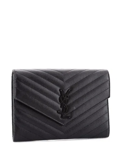 Pre-owned Saint Laurent Classic Monogram Envelope Wristlet Matelasse Chevron Leather Clutch Bag In Black