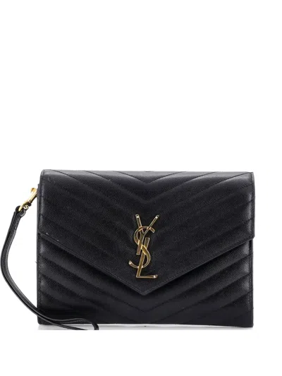 Pre-owned Saint Laurent Classic Monogram Envelope Wristlet Matelasse Chevron Leather Clutch Bag In Black