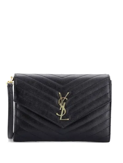 Pre-owned Saint Laurent Classic Monogram Envelope Wristlet Matelasse Chevron Leather Clutch Bag In Black