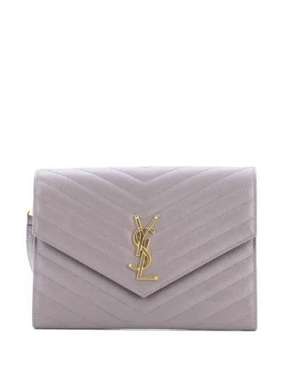 Pre-owned Saint Laurent Classic Monogram Envelope Wristlet Matelasse Chevron Leather Clutch Bag In Gray