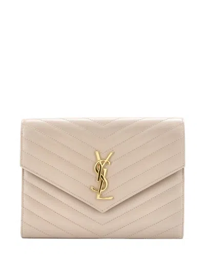 Pre-owned Saint Laurent Classic Monogram Envelope Wristlet Matelasse Chevron Leather Clutch Bag In Neutral