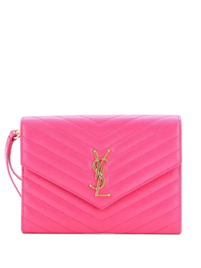 Pre-owned Saint Laurent Classic Monogram Envelope Wristlet Matelasse Chevron Leather Clutch Bag In Pink