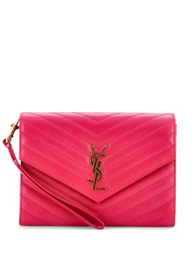 Pre-owned Saint Laurent Classic Monogram Envelope Wristlet Matelasse Chevron Leather Clutch Bag In Pink