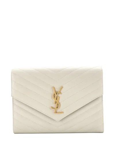 Pre-owned Saint Laurent Classic Monogram Envelope Wristlet Matelasse Chevron Leather Clutch Bag In White