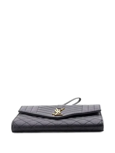 Pre-owned Saint Laurent Classic Monogram Envelope Wristlet Mixed Matelasse Leather Clutch Bag In 黑色