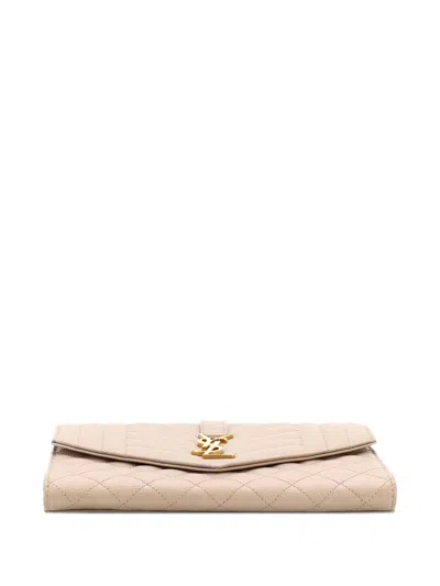 Pre-owned Saint Laurent Classic Monogram Envelope Wristlet Mixed Matelasse Leather Clutch Bag In Neutral
