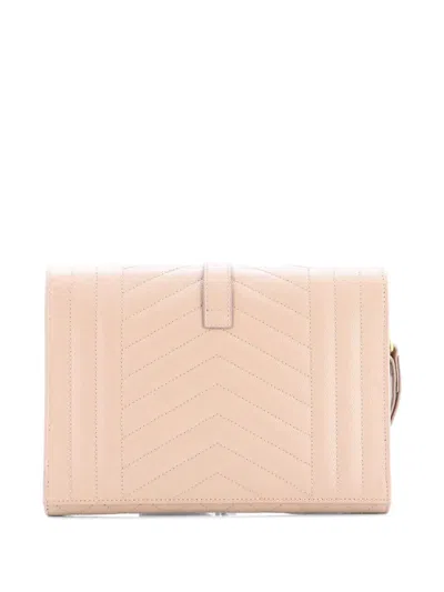 Pre-owned Saint Laurent Classic Monogram Envelope Wristlet Mixed Matelasse Leather Clutch Bag In Neutral