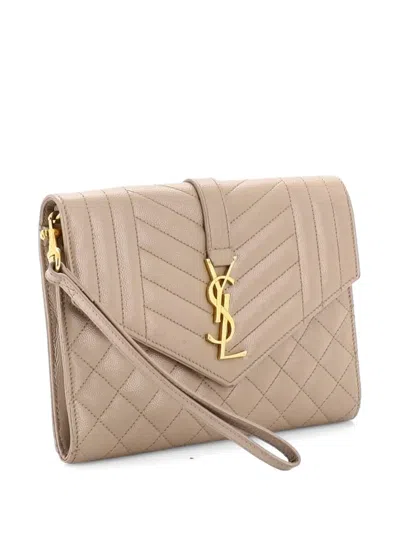 Pre-owned Saint Laurent Classic Monogram Envelope Wristlet Mixed Matelasse Leather Clutch Bag In Neutral