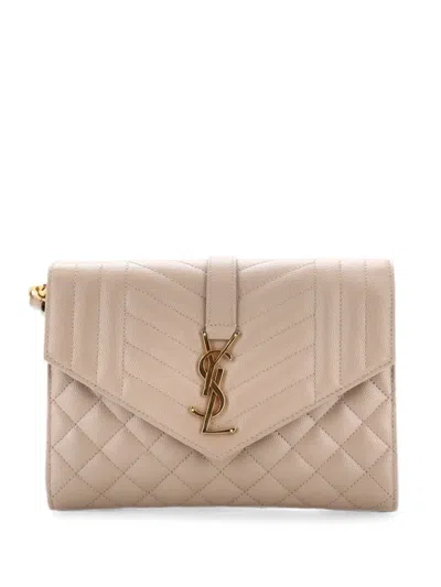 Pre-owned Saint Laurent Classic Monogram Envelope Wristlet Mixed Matelasse Leather Clutch Bag In Neutral