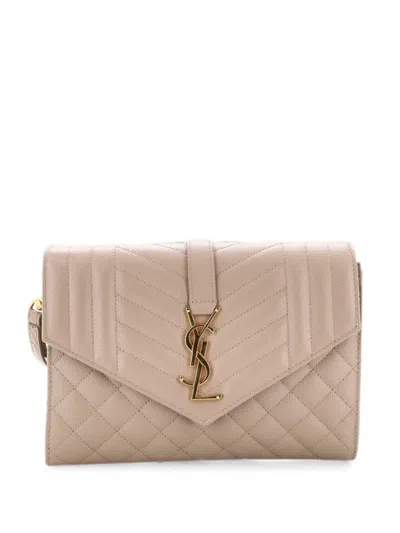 Pre-owned Saint Laurent Classic Monogram Envelope Wristlet Mixed Matelasse Leather Clutch Bag In Neutrals
