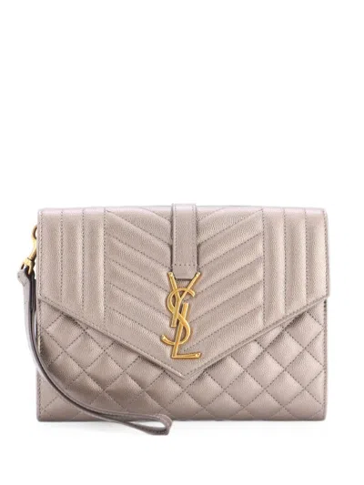 Pre-owned Saint Laurent Classic Monogram Envelope Wristlet Mixed Matelasse Leather Clutch Bag In Silver