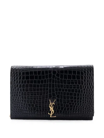 Pre-owned Saint Laurent Classic Monogram Flap Chain Wallet Crocodile Embossed Leather Clutch Bag In Black