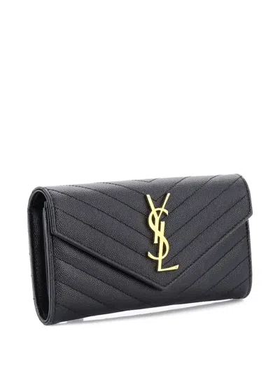 Pre-owned Saint Laurent Classic Monogram Flap Wallet Matelasse Chevron Leather Large Small Wallets In Black