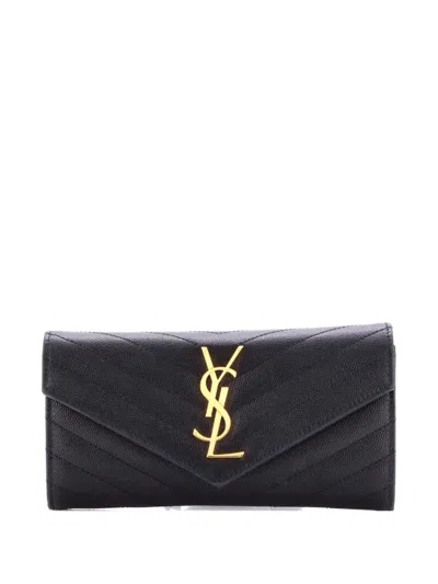 Pre-owned Saint Laurent Classic Monogram Flap Wallet Matelasse Chevron Leather Large Small Wallets In Black