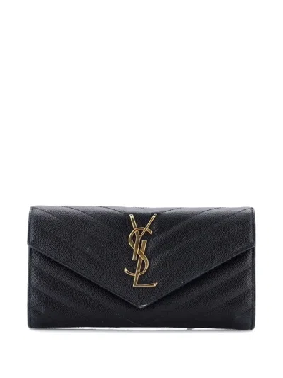 Pre-owned Saint Laurent Classic Monogram Flap Wallet Matelasse Chevron Leather Large Small Wallets In Black