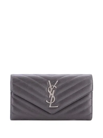 Pre-owned Saint Laurent Classic Monogram Flap Wallet Matelasse Chevron Leather Large Small Wallets In Gray