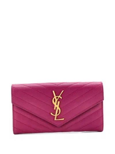 Pre-owned Saint Laurent Classic Monogram Flap Wallet Matelasse Chevron Leather Large Small Wallets In Purple