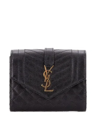 Pre-owned Saint Laurent Classic Monogram Flap Wallet Mixed Matelasse Leather Small Wallets In Black