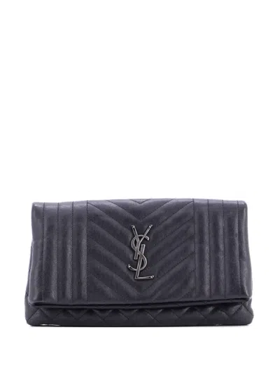 Pre-owned Saint Laurent Classic Monogram Fold Over Mixed Matelasse Leather Clutch Bag In Black
