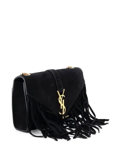 Pre-owned Saint Laurent Classic Monogram Fringe Suede Small Crossbody Bag In Black