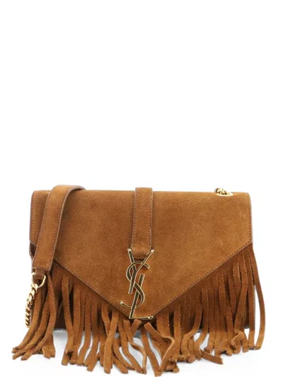 Pre-owned Saint Laurent Classic Monogram Fringe Suede Small Crossbody Bag In Brown