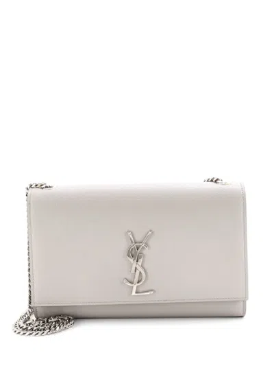 Pre-owned Saint Laurent Classic Monogram Grainy Leather Medium Crossbody Bag In Gray