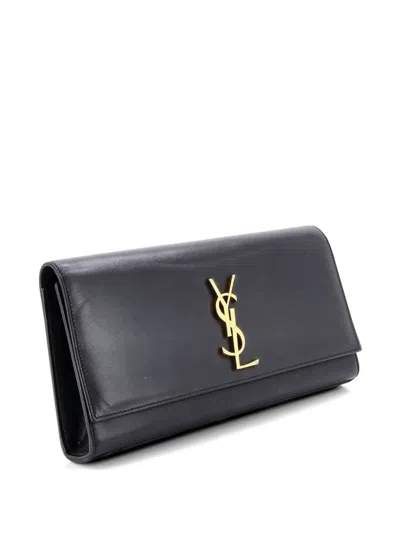 Pre-owned Saint Laurent Classic Monogram Leather Long Clutch Bag In Black