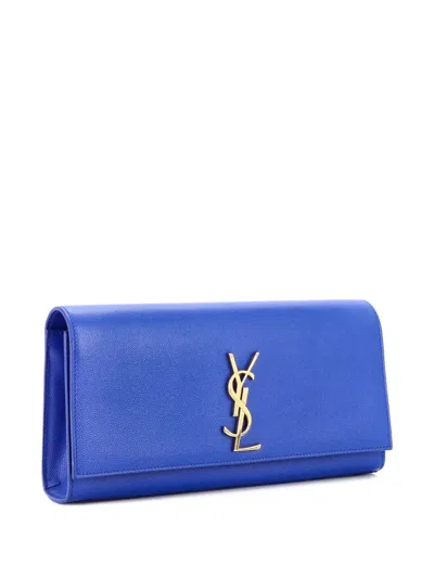 Pre-owned Saint Laurent Classic Monogram Leather Long Clutch Bag In Blue