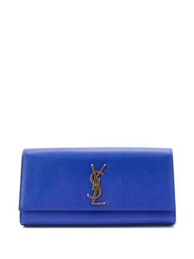 Pre-owned Saint Laurent Classic Monogram Leather Long Clutch Bag In Blue